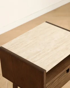 Sidobord/sängbord 'Sapri' 45x60cm - Valnöt/Travertin